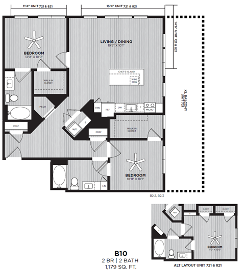 A black and white image of a floor plan for a 2 bedroom, 1 bath unit.